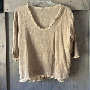 Tempo Paris 100% Linen Coastal Boho Italian Top Tufted Hem‎ Small Khaki Beige